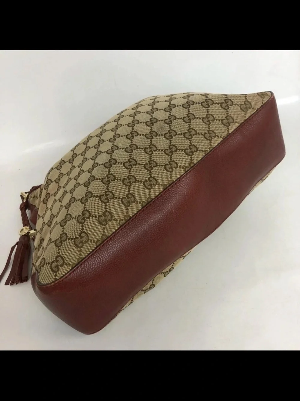 Gucci Beige Monogram Hobo with Brown Leather Trim and Tassel